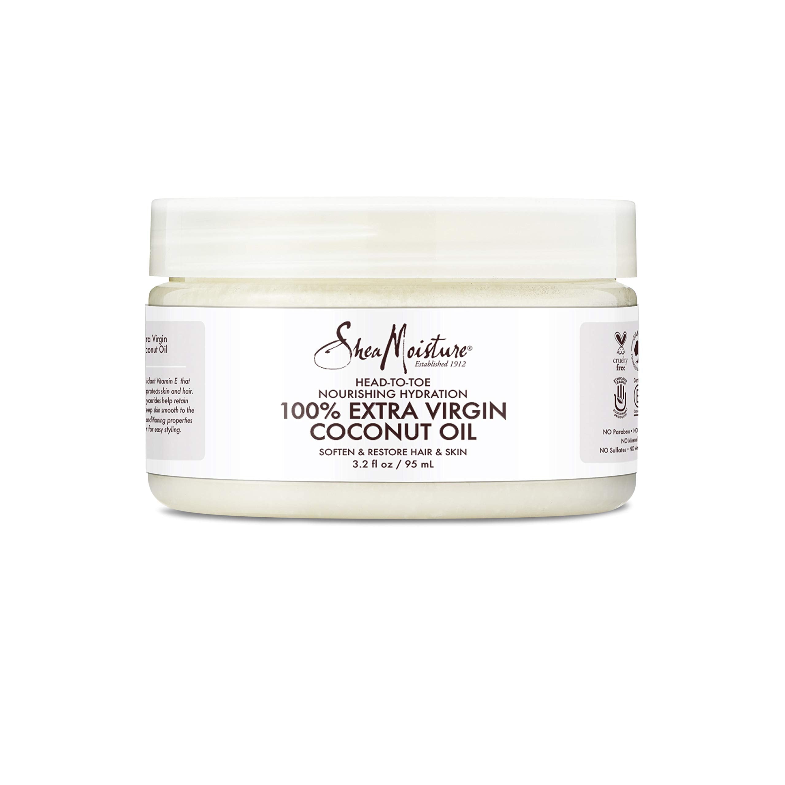 Huile de coco SheaMoisture, bouteille-pour, hydrate rapidement peau et cheveux.