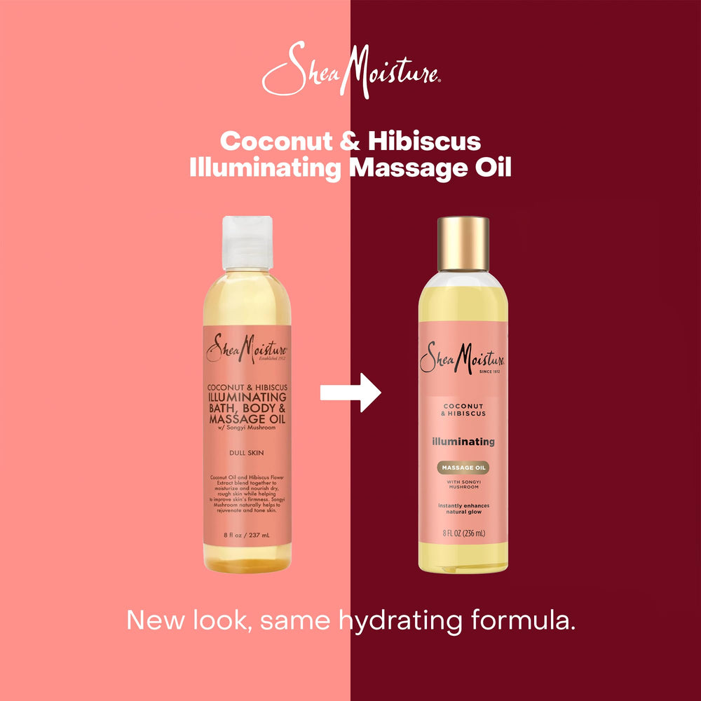 SheaMoisture huile massage illuminante, ambiance spa à domicile hibiscus et coco.