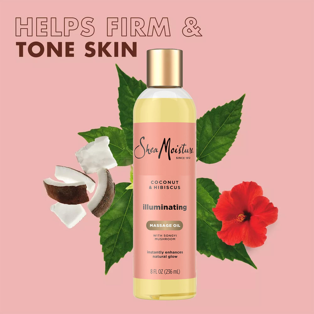 SheaMoisture huile massage illuminante, image douche ou bain, parfum spa.