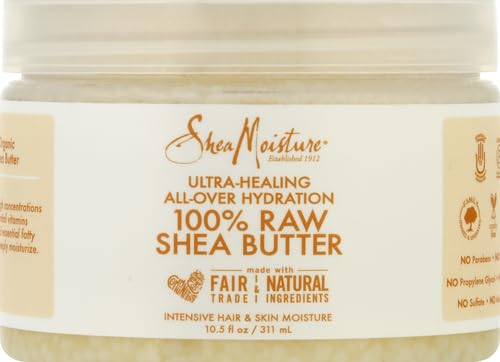Beurre karité brut SheaMoisture – source éthique via coopératives nord Ghana.