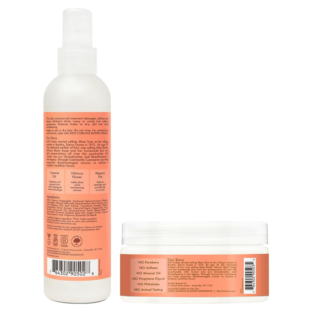SheaMoisture Kids Coconut Hibiscus Detangler Spray bottle easing combing on thick hair.