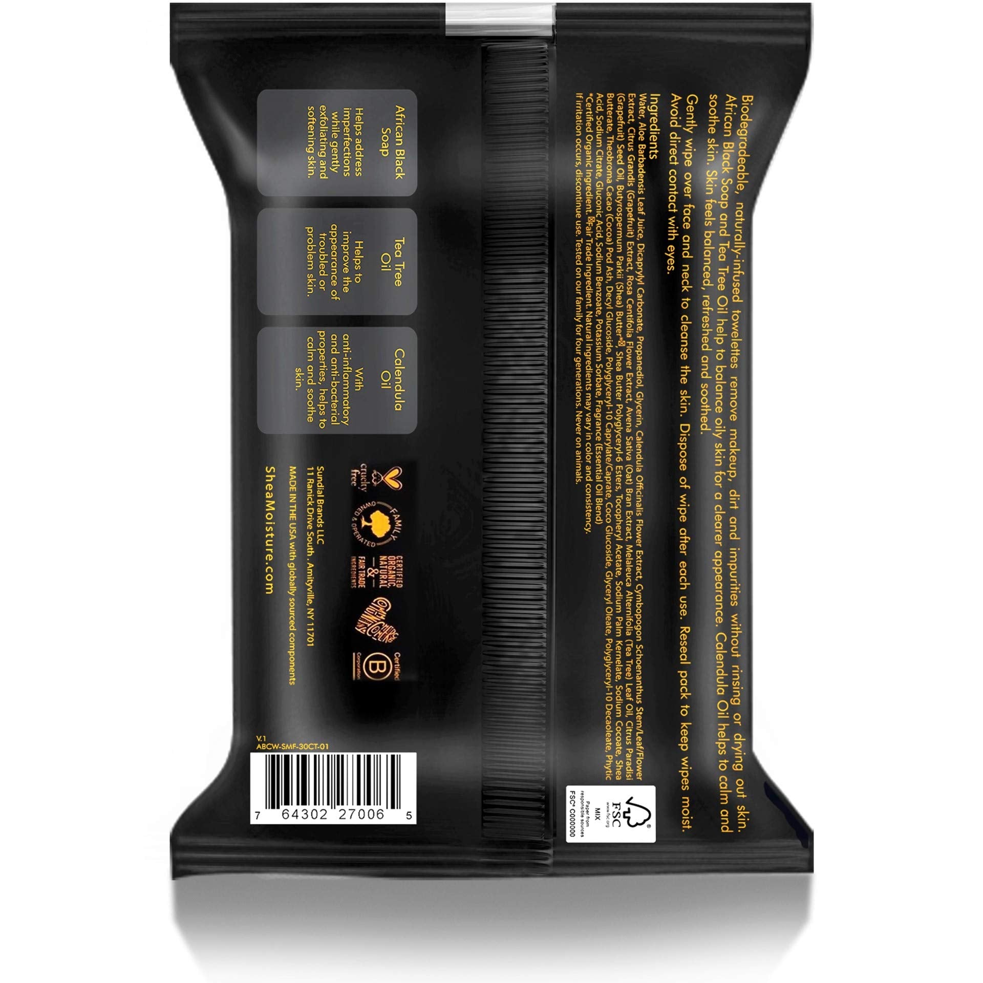 Lingettes clarifiantes SheaMoisture visage au tea tree, purification légère.