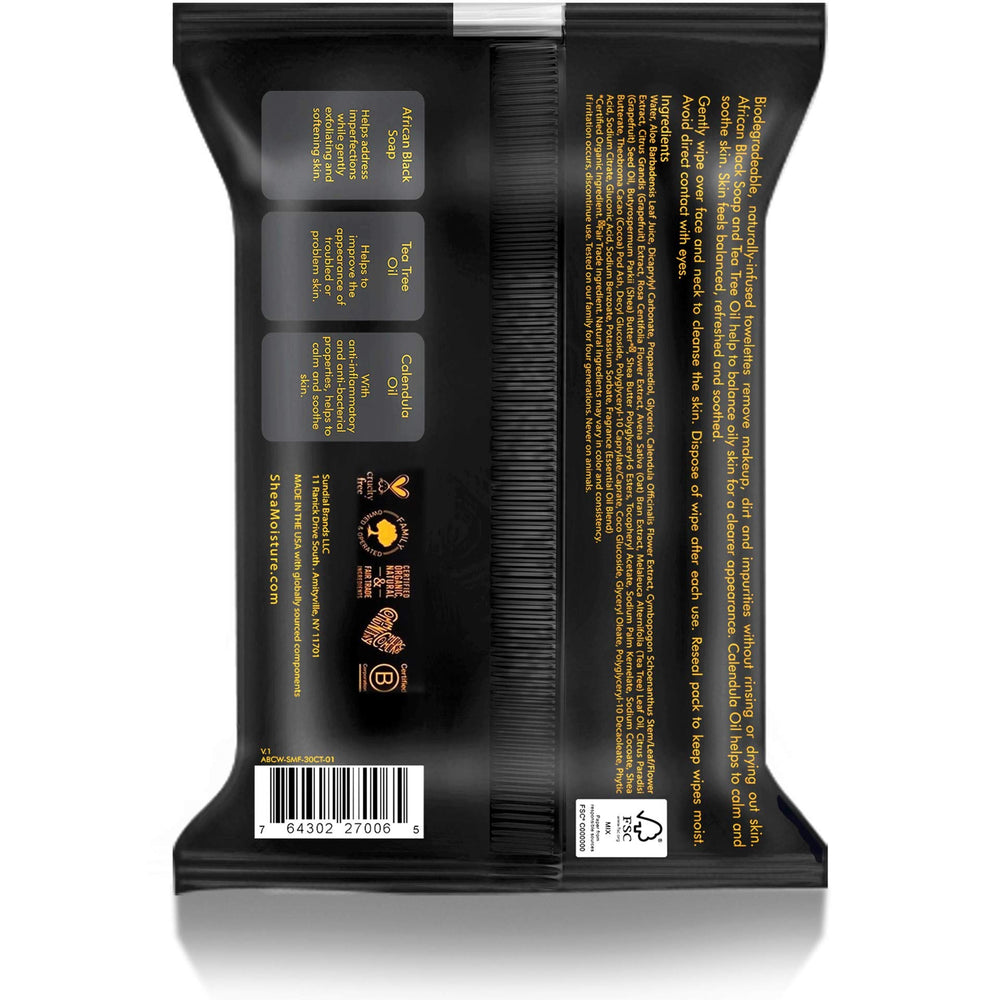 Lingettes clarifiantes SheaMoisture visage au tea tree, purification légère.