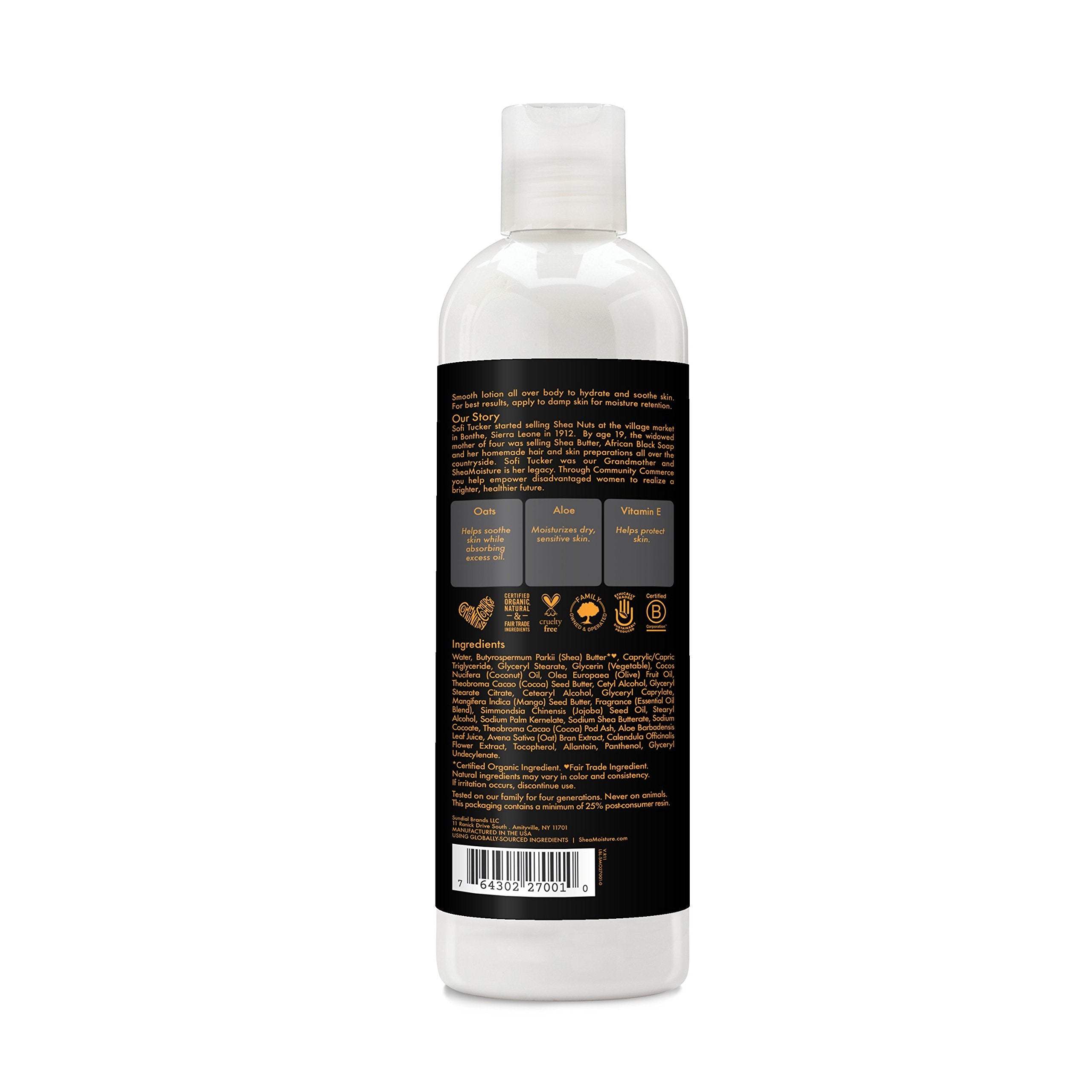 SheaMoisture lotion en bouteille, usage quotidien pour peau sèche et confortable.