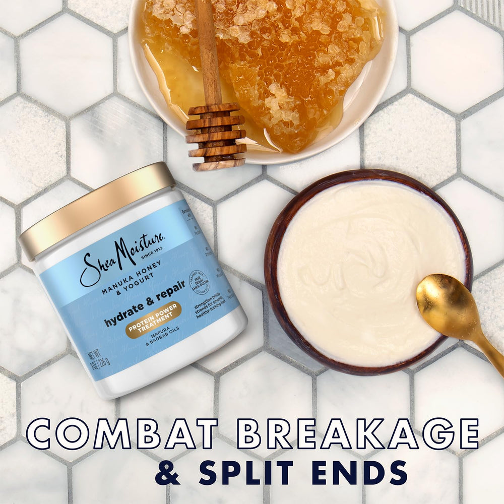 Étiquette SheaMoisture Masque Cheveux Manuka Honey et Yaourt indiquant réparation et douceur