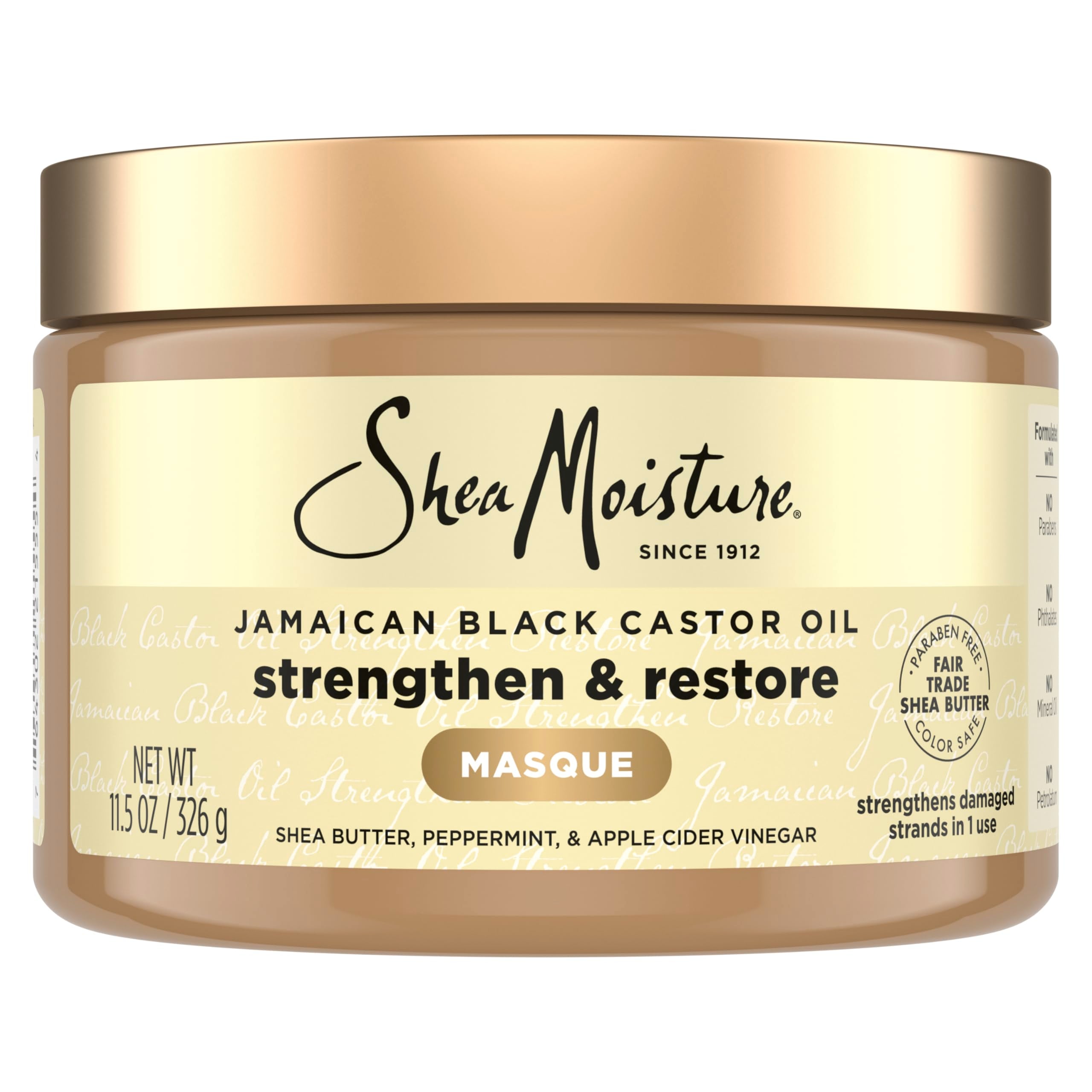 Masque SheaMoisture Ricin Jamaïcain en pot, hydratation en profondeur pour cheveux secs.