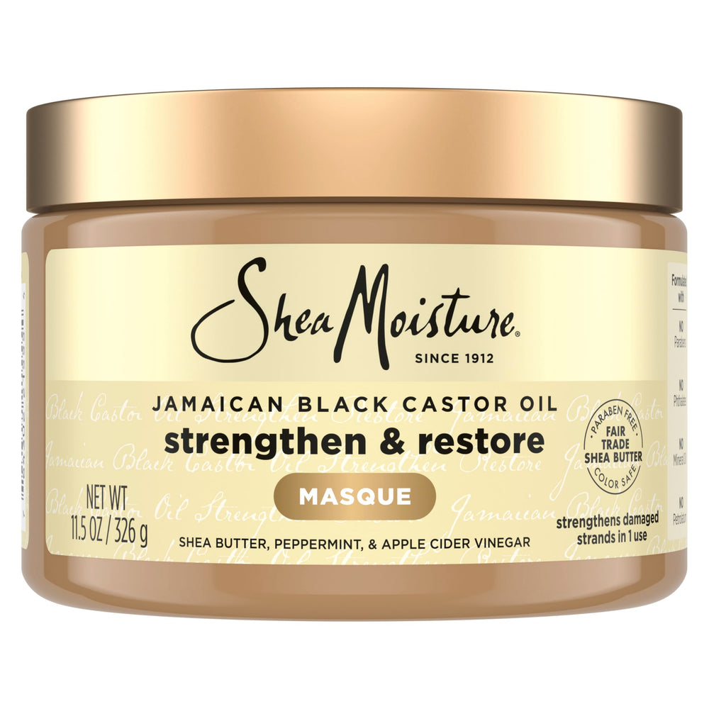 Masque SheaMoisture Ricin Jamaïcain en pot, hydratation en profondeur pour cheveux secs.