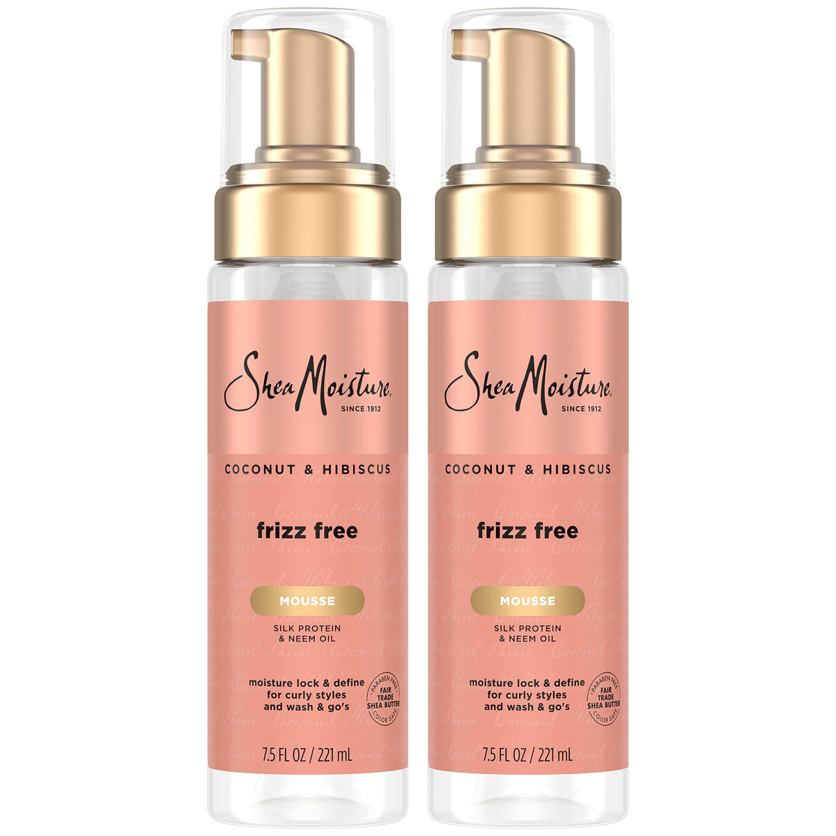 SheaMoisture Mousse Boucles Noix de Coco Hibiscus, pack 2×7,5 onces, pratique pour voyages.