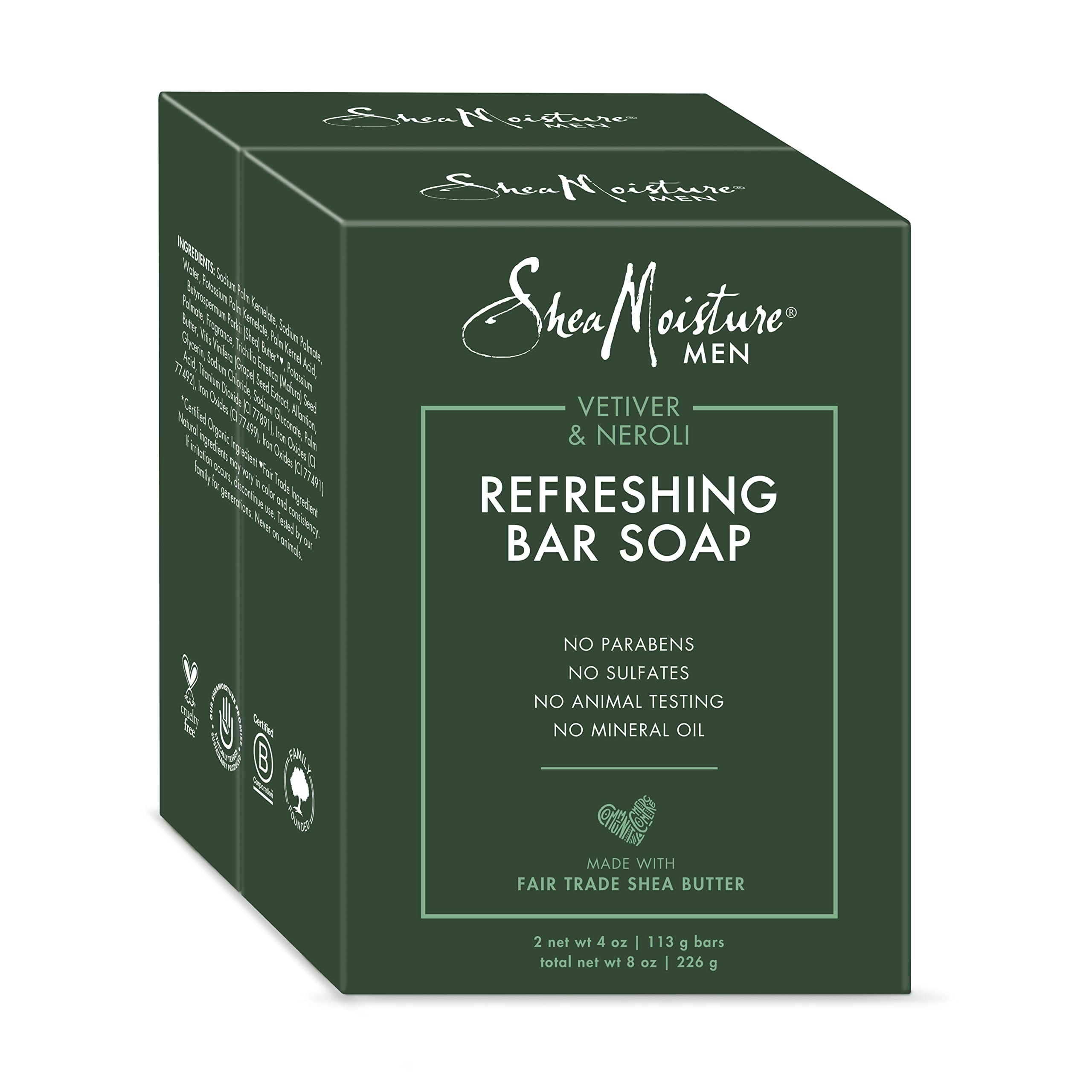 Savon SheaMoisture pour homme Vetiver et Neroli, nettoyage rafraîchissant et hydratant.