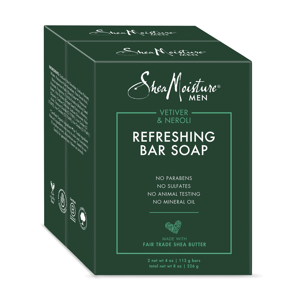 Savon SheaMoisture pour homme Vetiver et Neroli, nettoyage rafraîchissant et hydratant.
