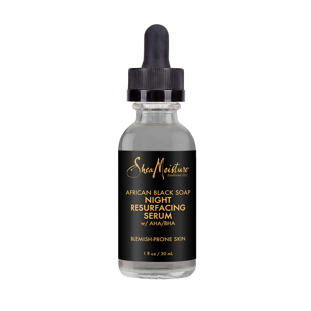 Sérum SheaMoisture en flacon, utilisation nocturne pour peau lumineuse.