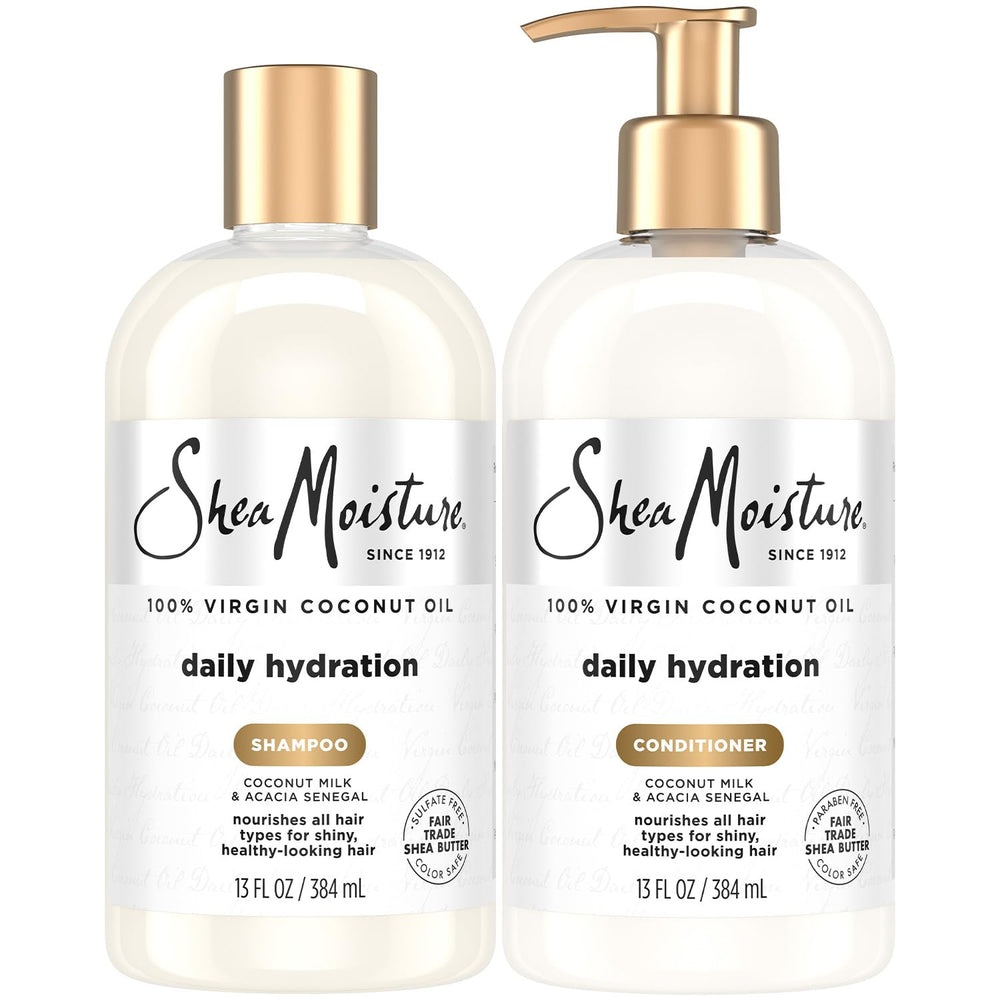 SheaMoisture Shampoing et Après-shampoing : bouteilles visibles et hydratation quotidienne.