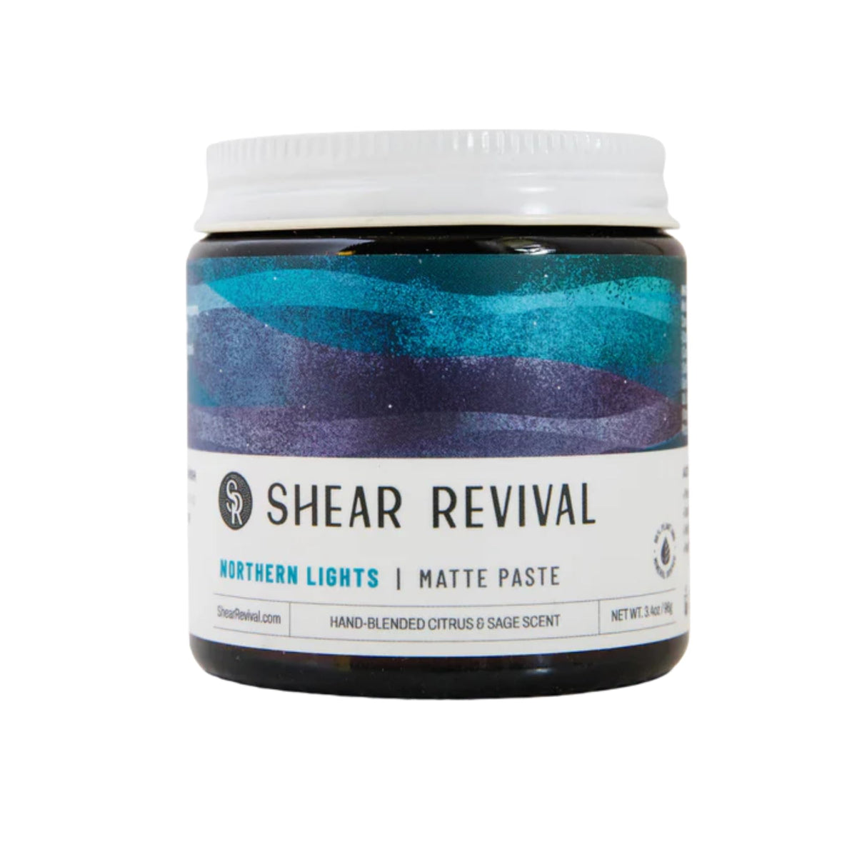 Shear Revival Northern Lights — pâte matte en bouteille ambrée, tenue modulable.