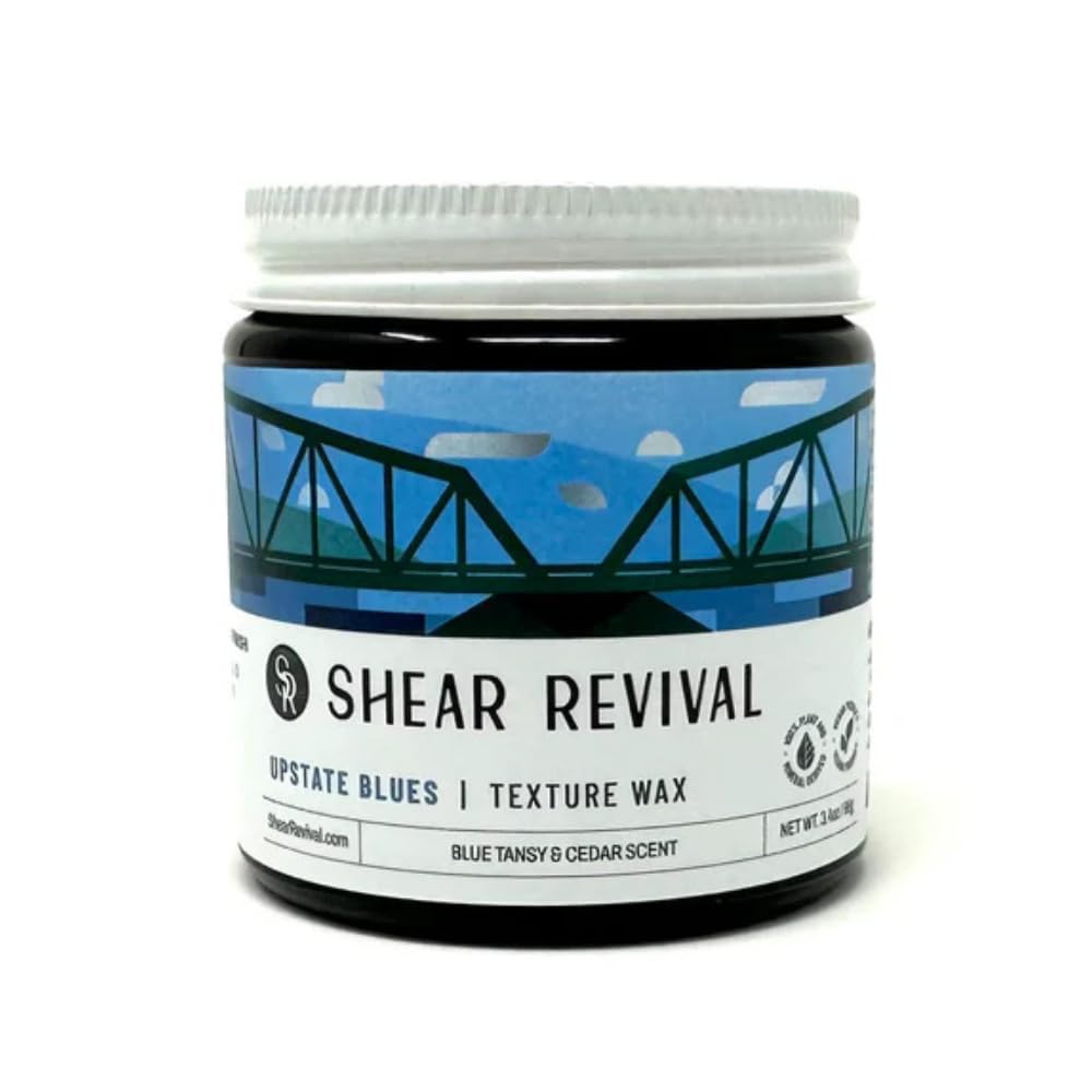 Pot ambré de Shear Revival Upstate Blues, cire-coiffante naturelle prête à l’emploi.