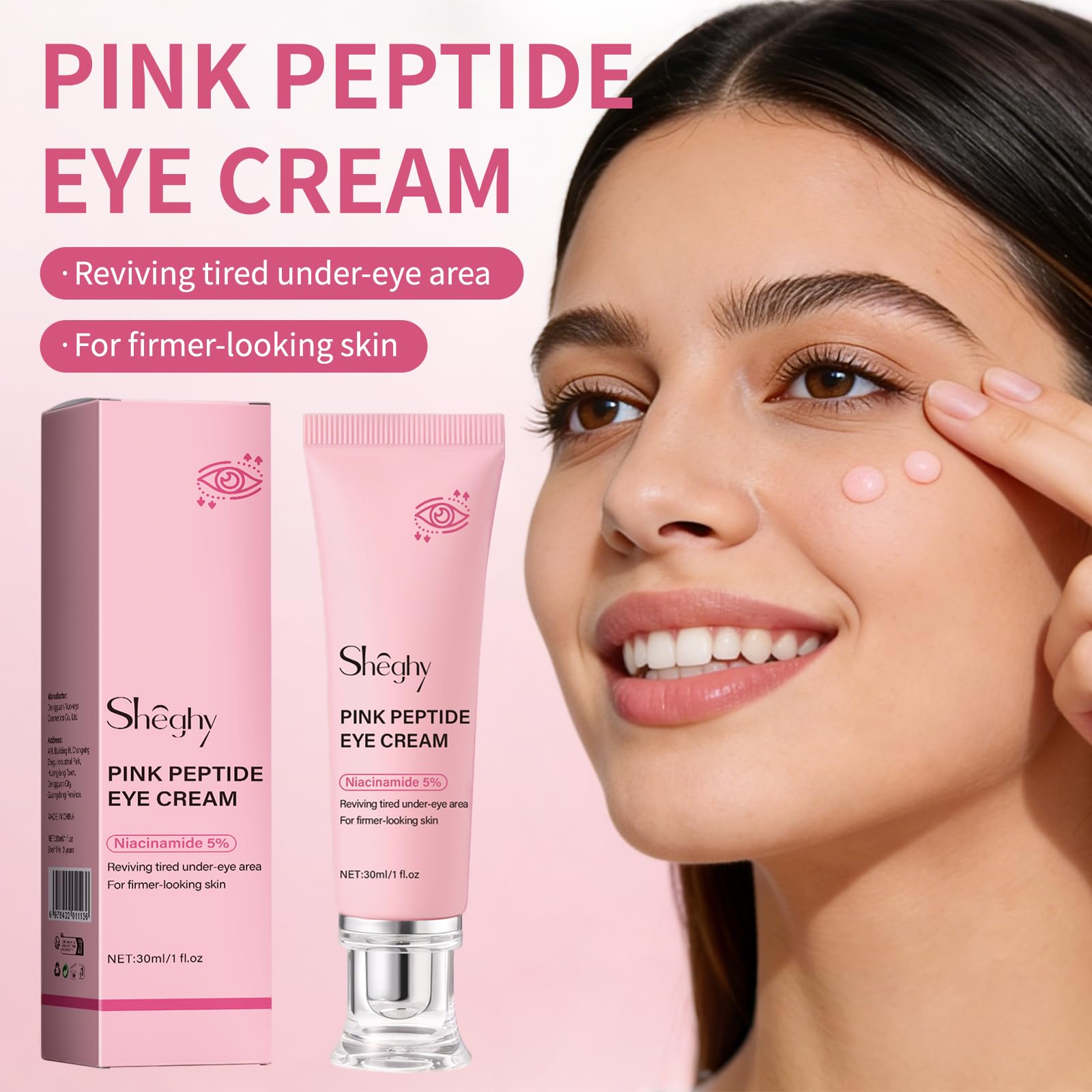 Crème contour yeux Sheghy – texture rose peptide, réduction visuelle des ridules.