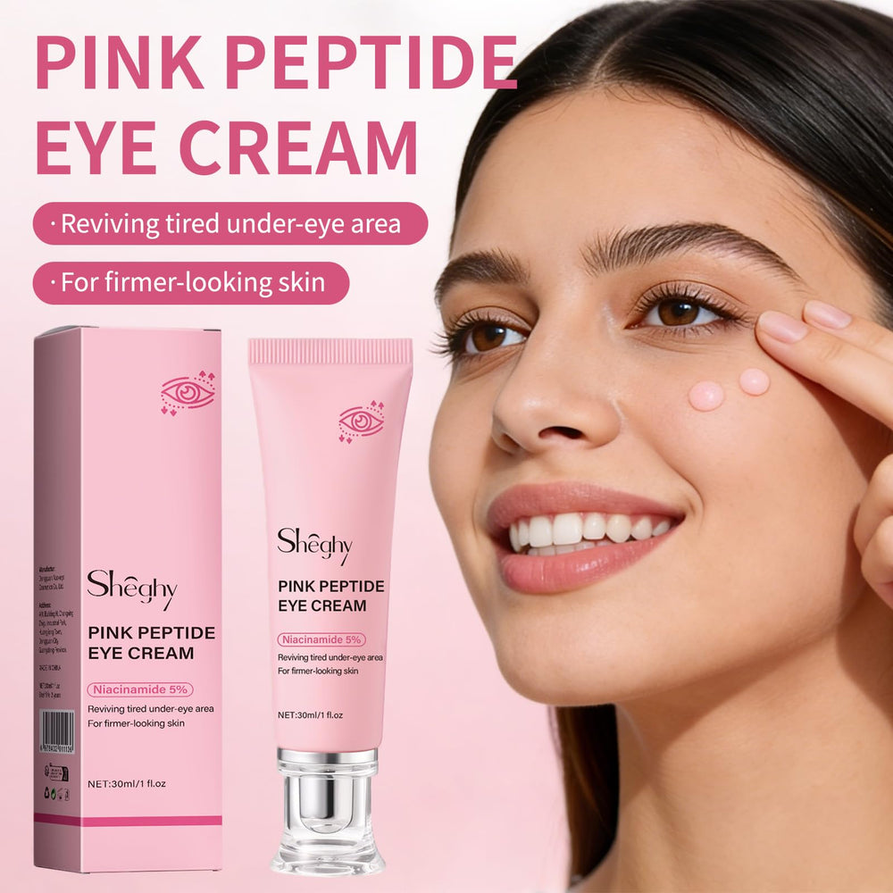 Crème contour yeux Sheghy – texture rose peptide, réduction visuelle des ridules.