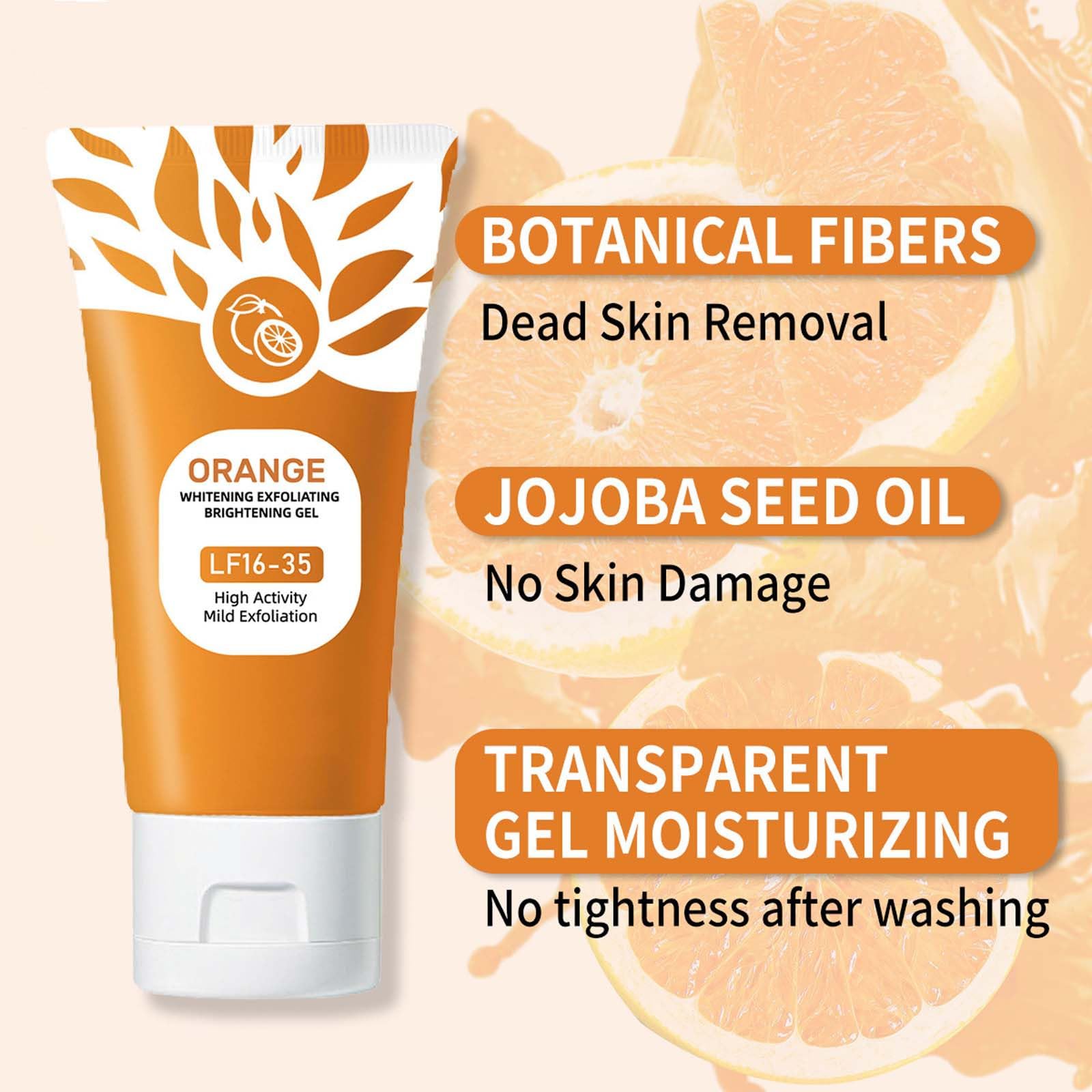 Sheghy gel-orange exfoliant utilisé sur le corps, peau douce et lisse.