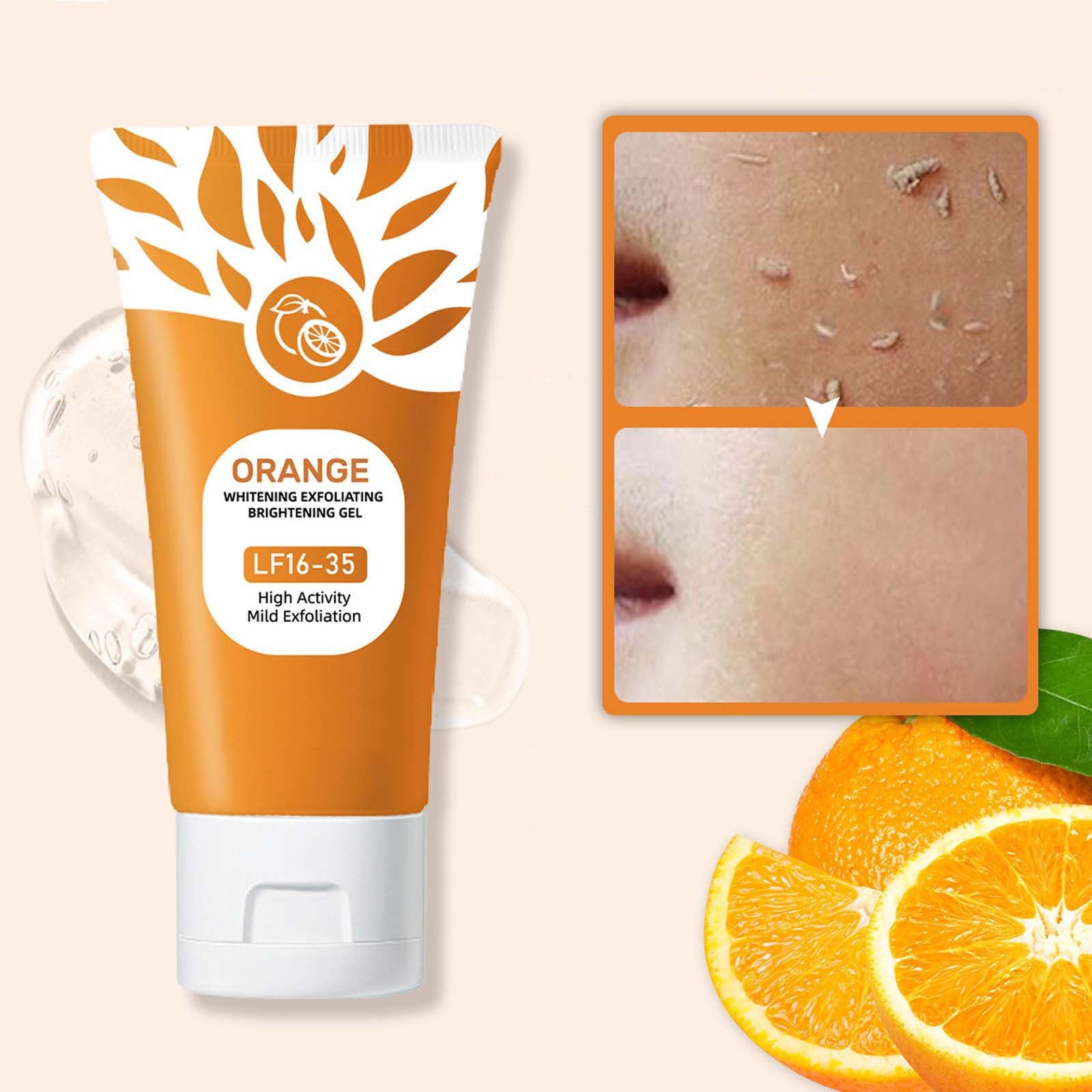 Texture du gel exfoliant orange en gros plan, peau plus lisse après application.
