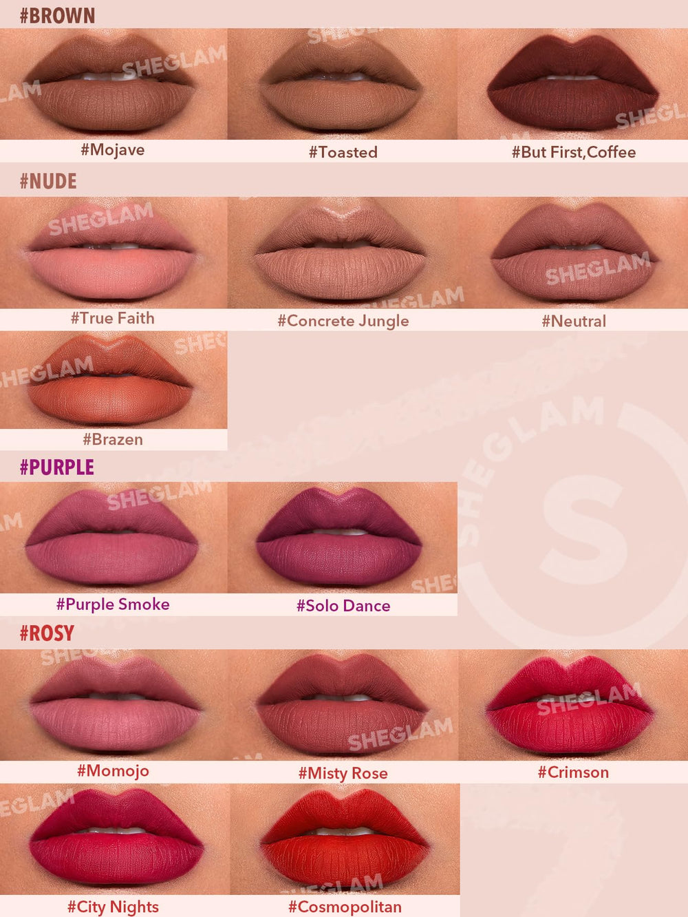 SHEGLAM 14 teintes, trouvez la nuance parfaite.
