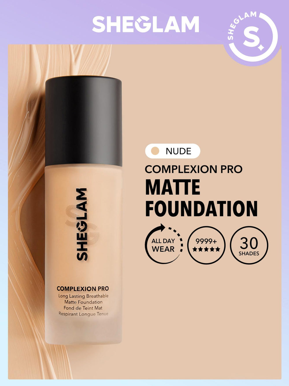 SHEGLAM foundation texture swirl in nude shade shows buildable coverage.