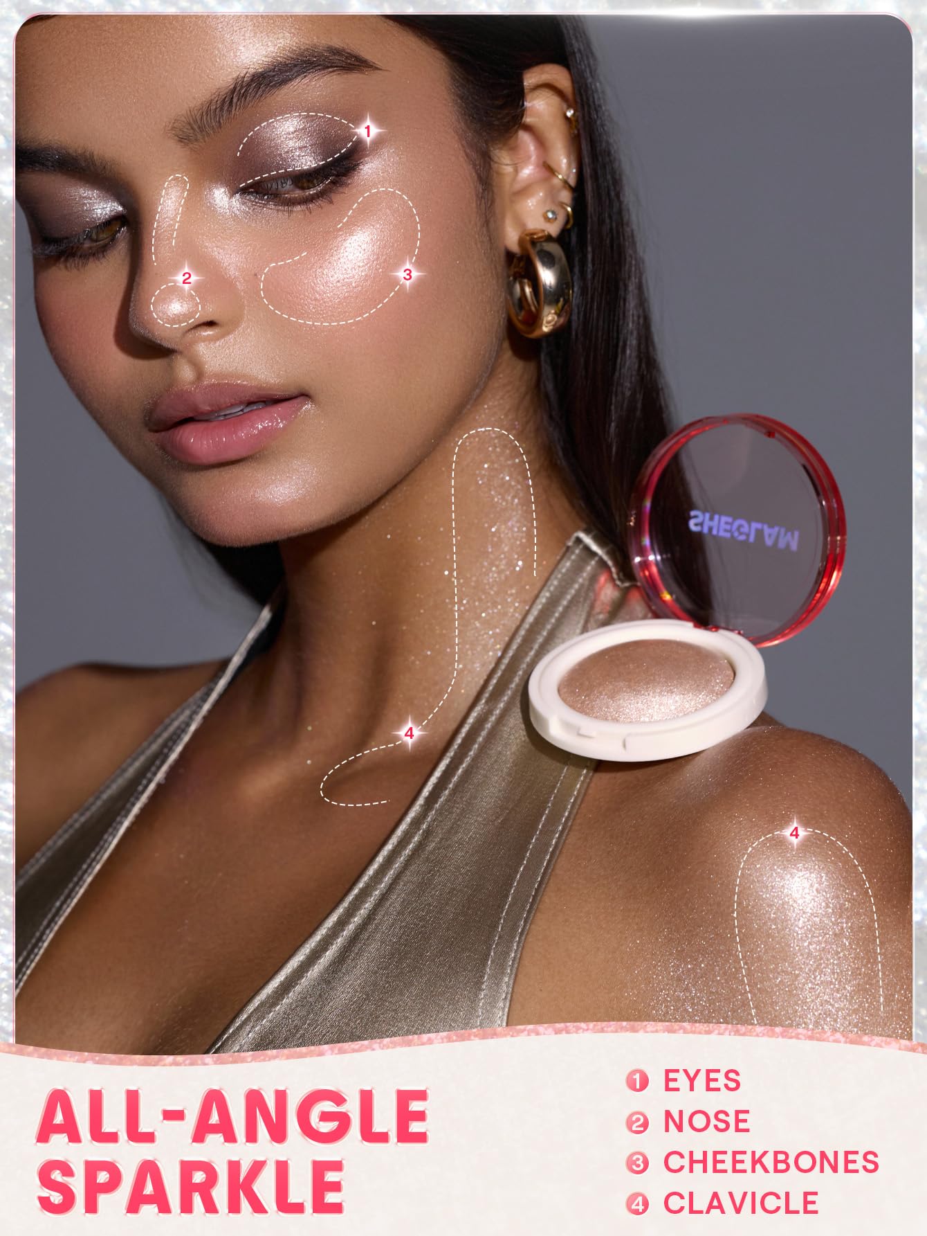 SHEGLAM Glowchi enlumineur, échantillon sur peau révélant brillance subtile.
