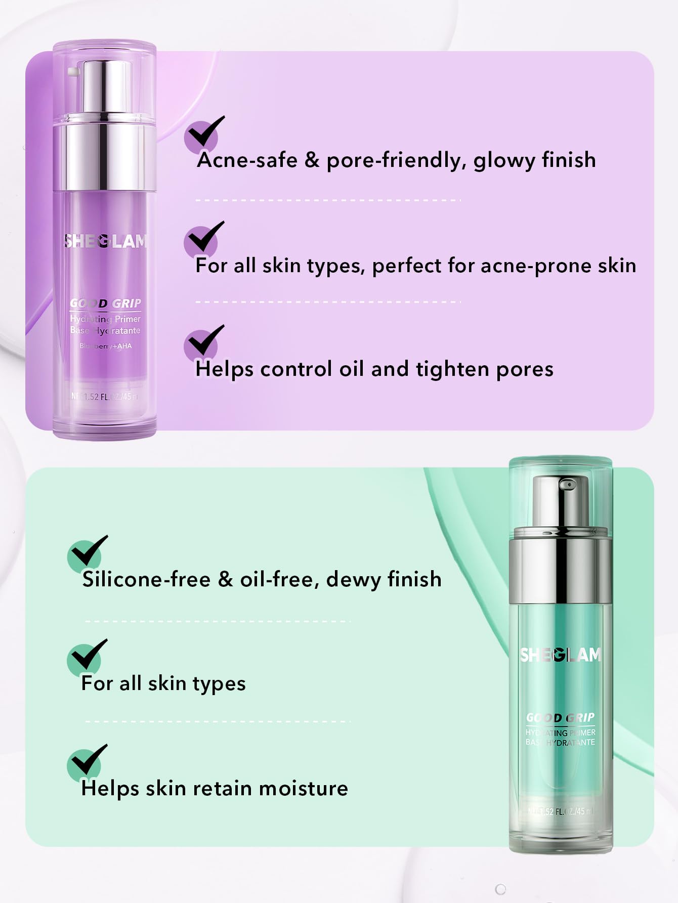 SHEGLAM Good Grip: soin-primer-blueberry-aha, routine beauté quotidienne.