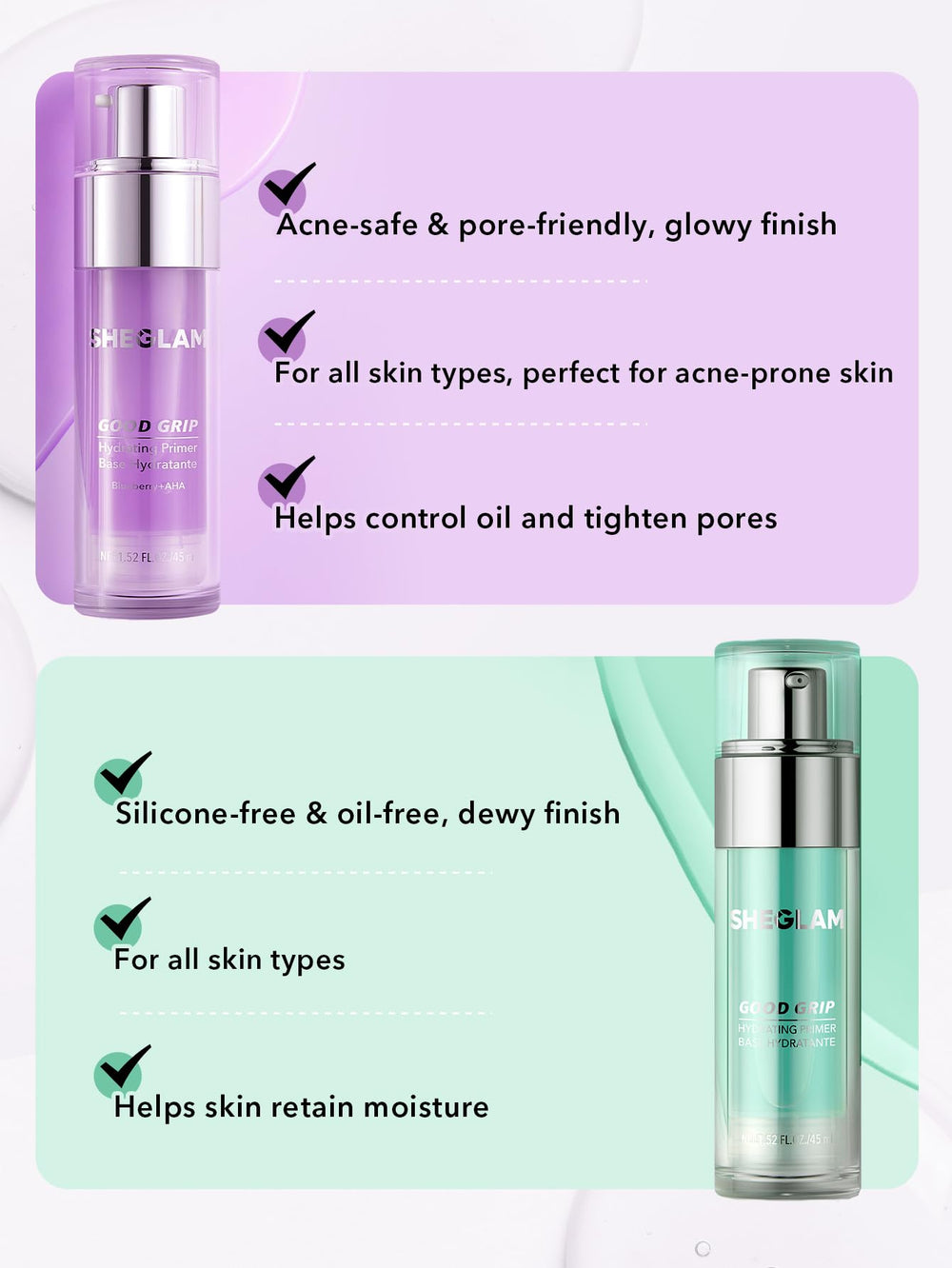 SHEGLAM Good Grip: soin-primer-blueberry-aha, routine beauté quotidienne.