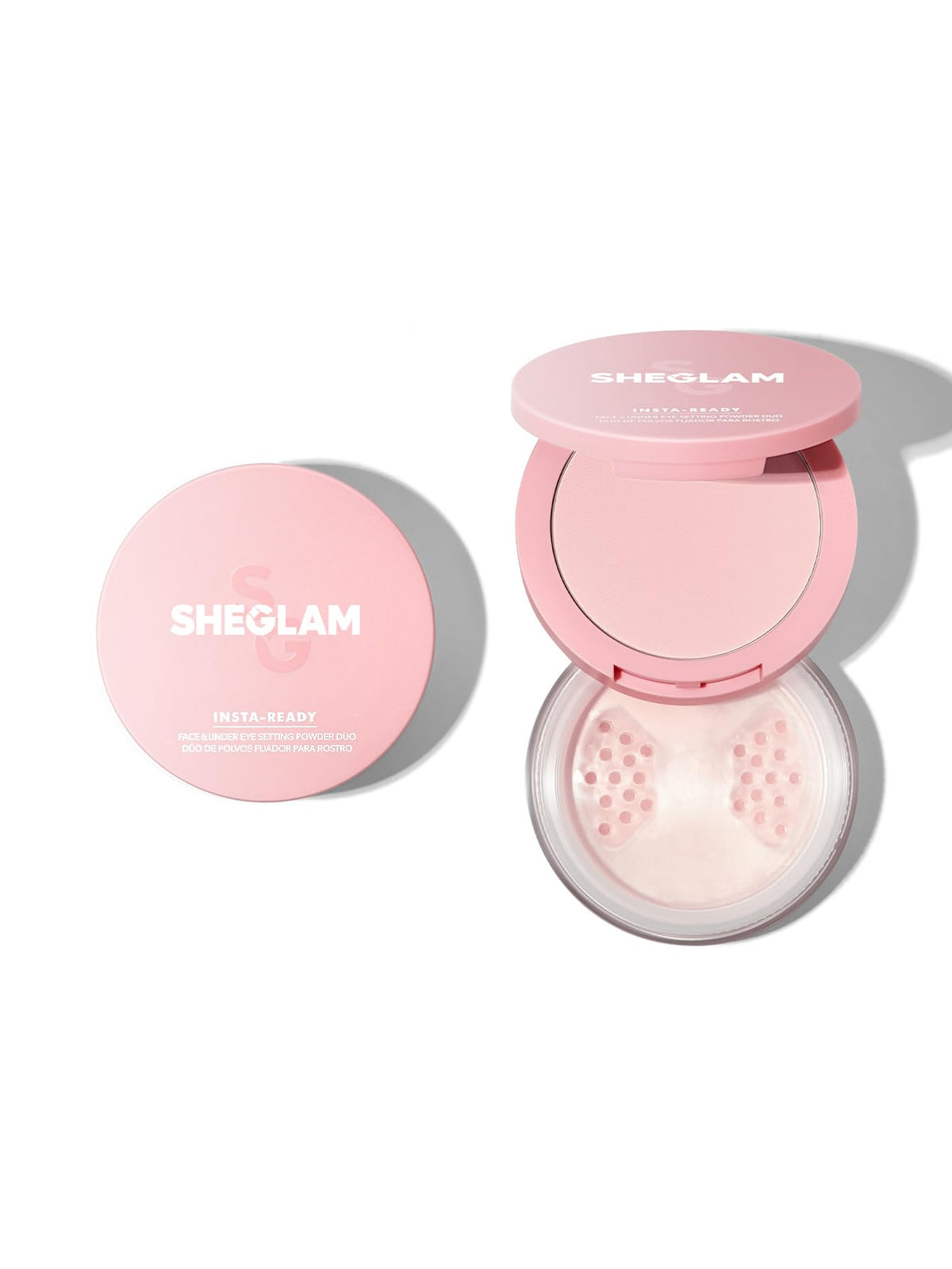 SHEGLAM Poudre double compartiments, fixation rapide sous les yeux et sur le visage.