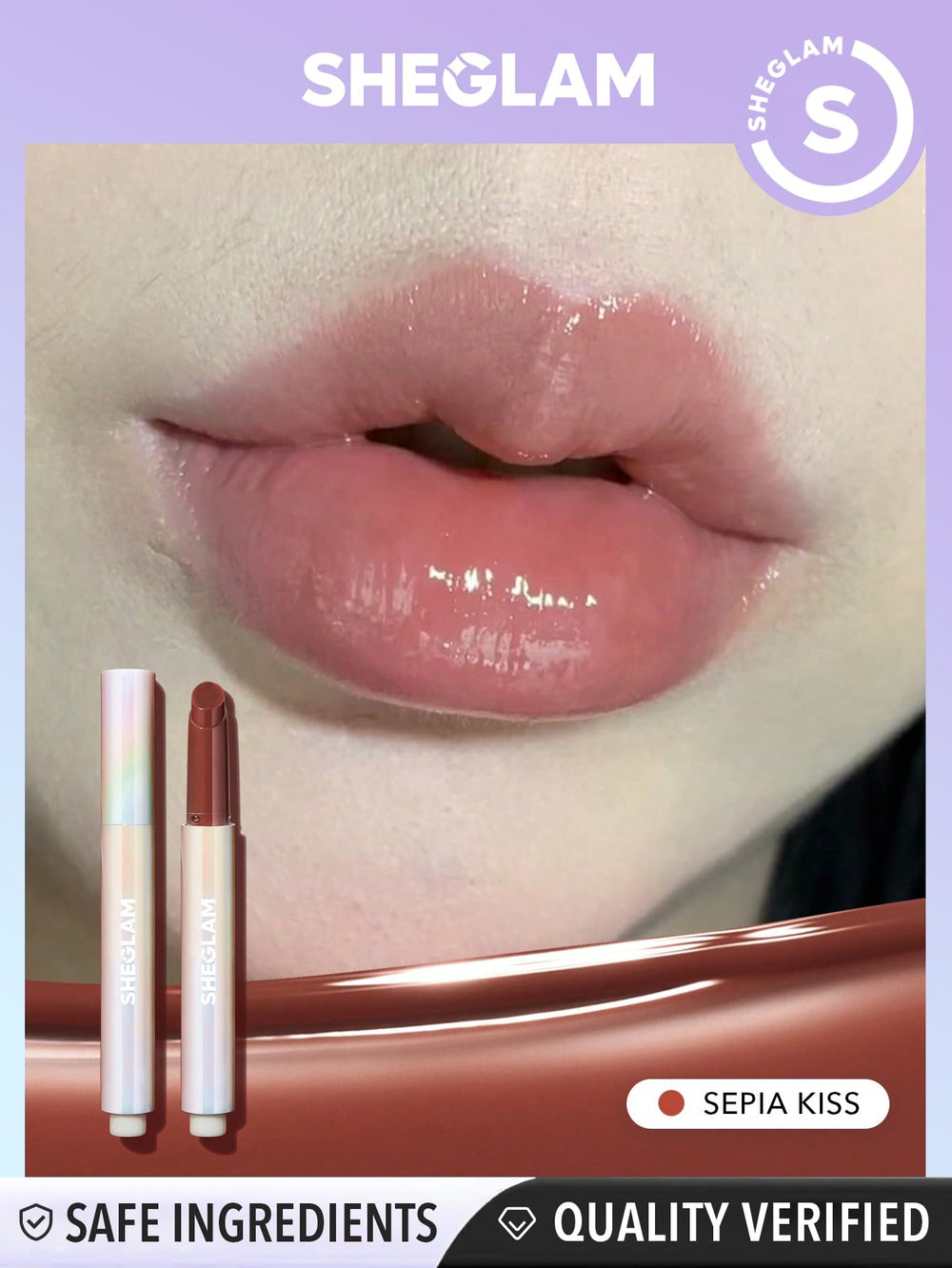 SHEGLAM PoutPerfect fini brillant Sepia Kiss: couleur densément saturée et tenue légère.