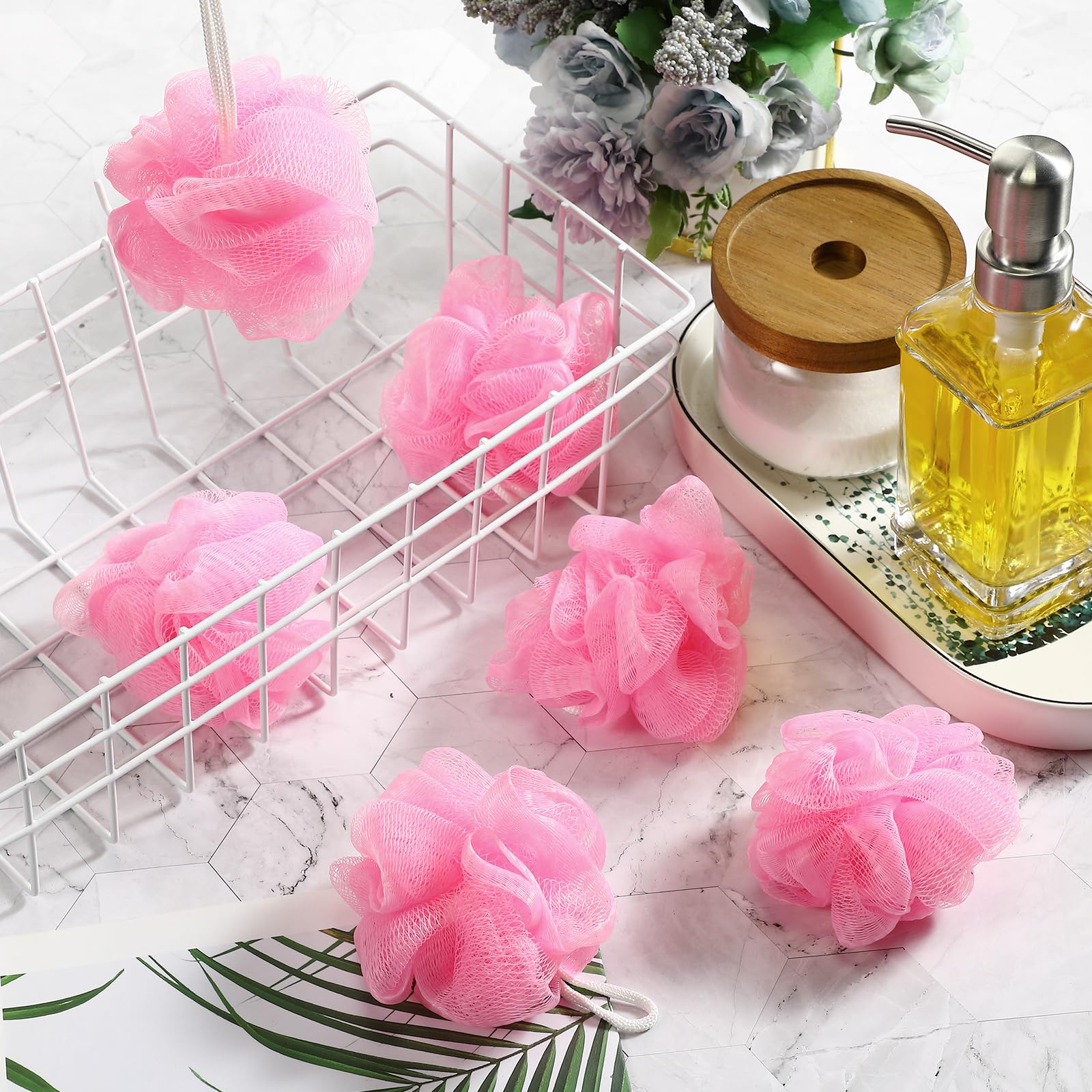 Shellwei éponge douche mini rose, exfoliation douce pour peau propre et fraîche.