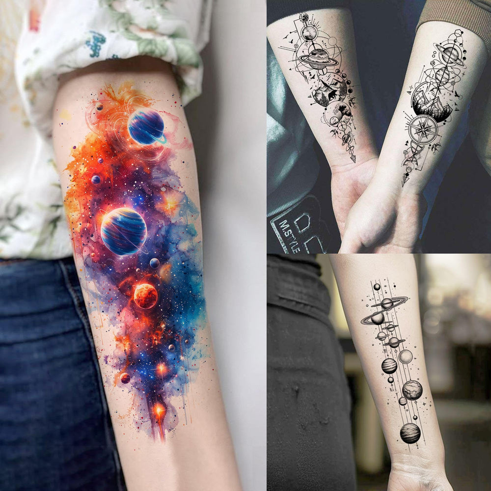 SHELYEXIEN galaxie planètes tatouage avant-bras, motif cosmique durable.