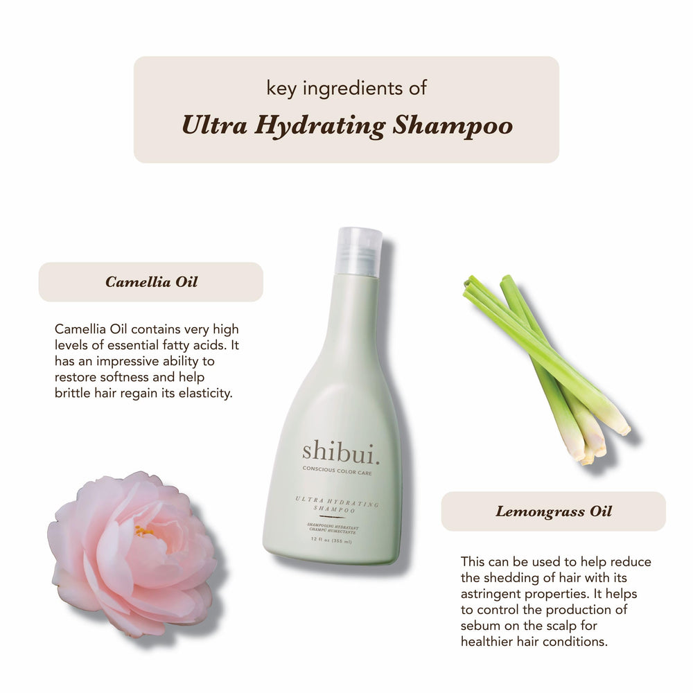 SHIBUI Shampoing Ultra Hydratant ingrédients camélia et citronnelle pour éclat.