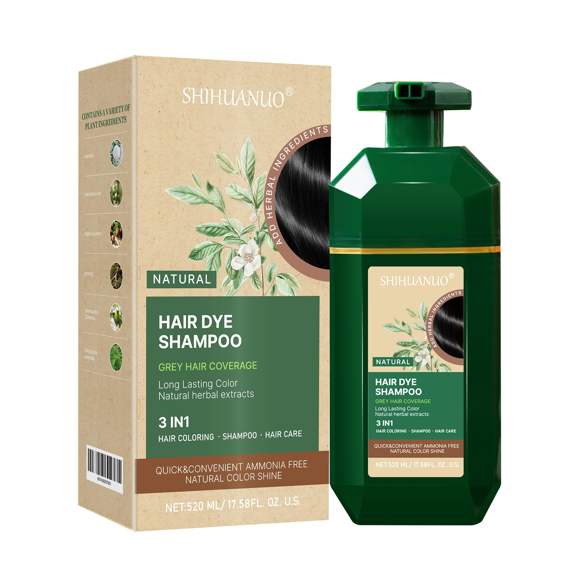 SHIHUANUO Shampoing colorant noir en bouteille, pratique pour couvrir les cheveux gris.