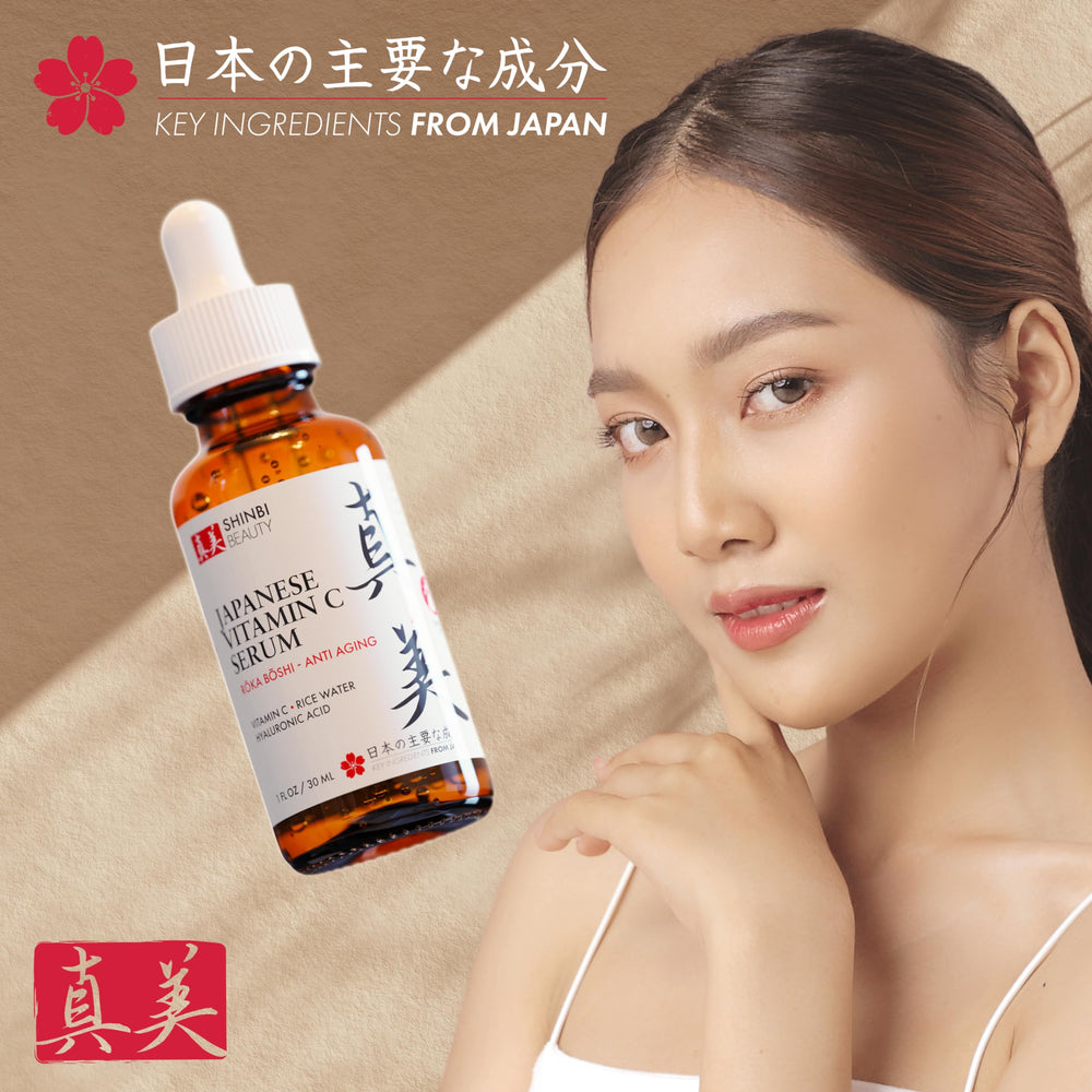 Shinbi Beauty sérum vitamine C riz eau — focus application quotidienne révélant un éclat sain.