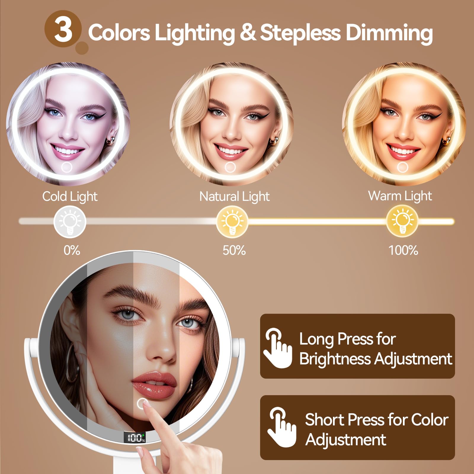 Shinowa miroir avec LED, trois modes lumineux pour tout éclairage.
