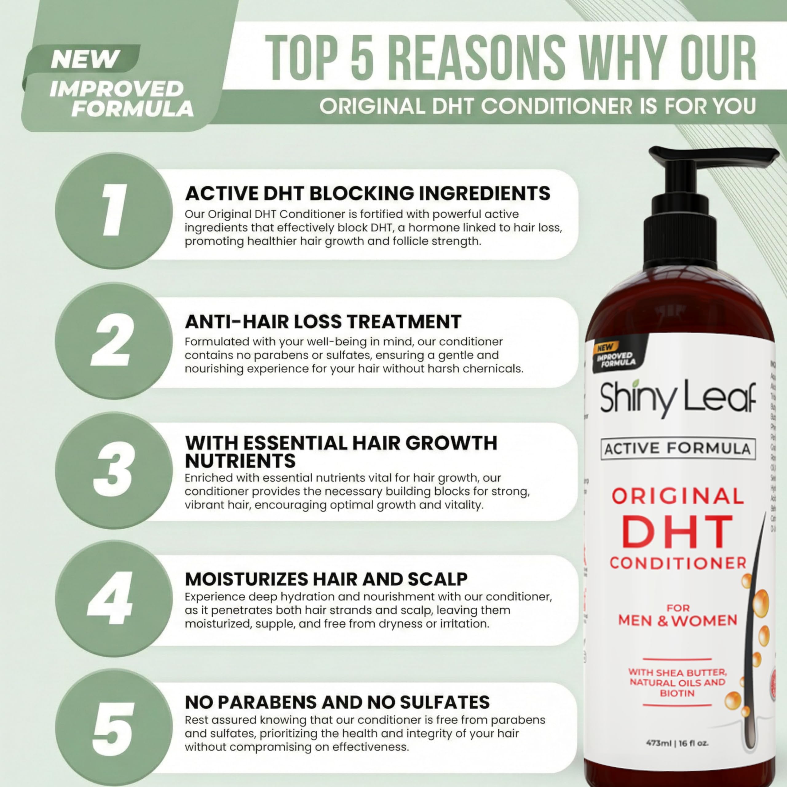 Shiny Leaf Castor Oil Biotin Conditioner bottle nourishes scalp for stronger hair.