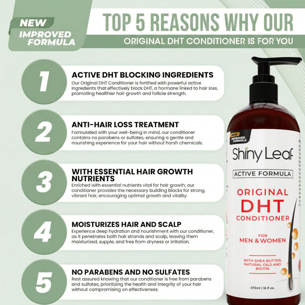 Shiny Leaf Castor Oil Biotin Conditioner bottle nourishes scalp for stronger hair.