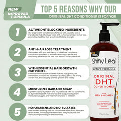 Shiny Leaf Castor Oil Biotin Conditioner bottle nourishes scalp for stronger hair.