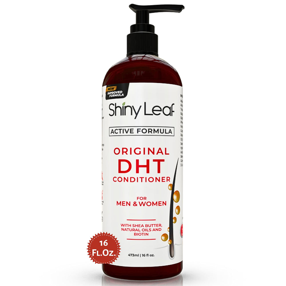 Shiny Leaf DHT Blocker Conditioner bottle with rosemary shows salon-worthy fullness.