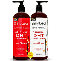 Shiny Leaf DHT Blocker Shampoo en flacon, lavage doux pour cheveux sains.