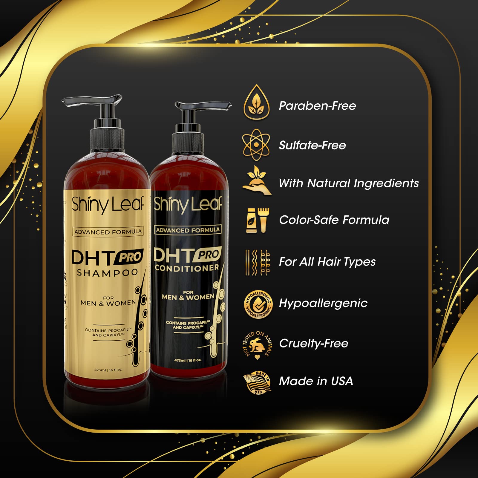 Formulation sans parabens et sans sulfates du duo Shiny Leaf DHT Pro