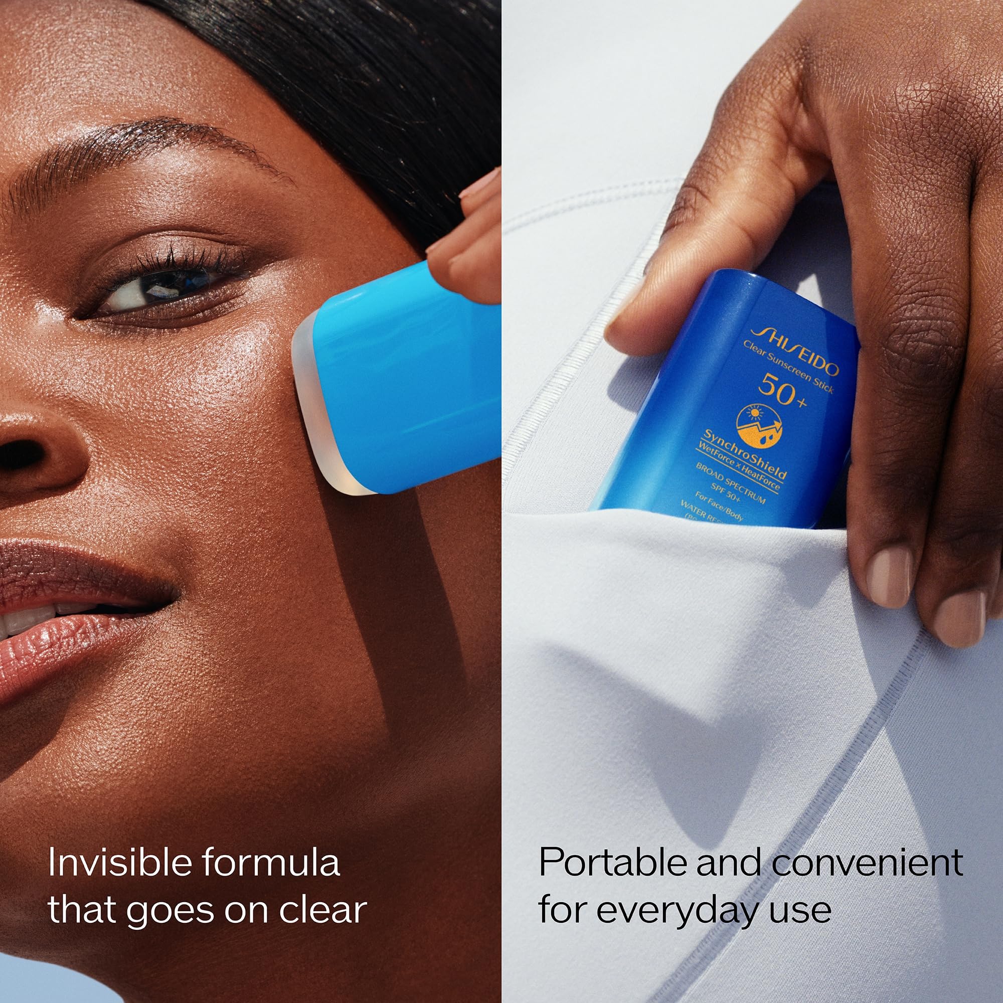 Shiseido Clear Sunscreen Stick SPF 50+ après maquillage, réappliquez facilement