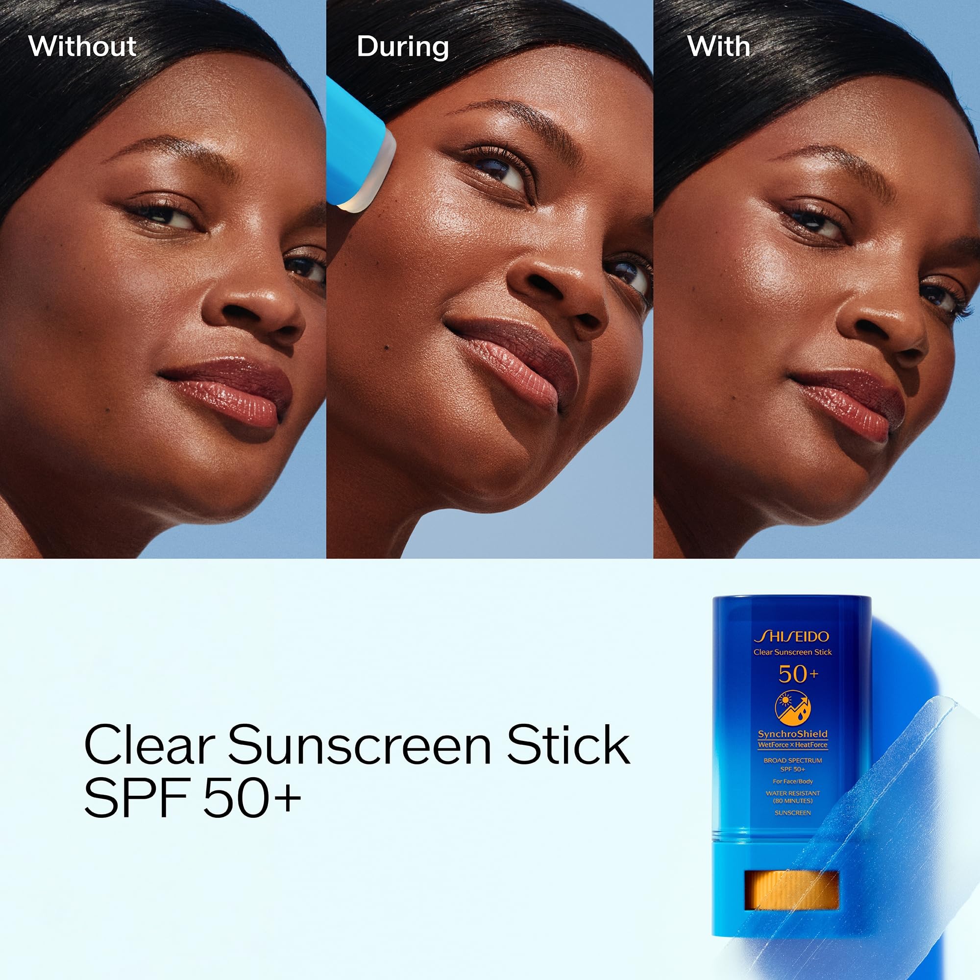 Shiseido Clear Sunscreen Stick SPF 50+ format portable, application rapide