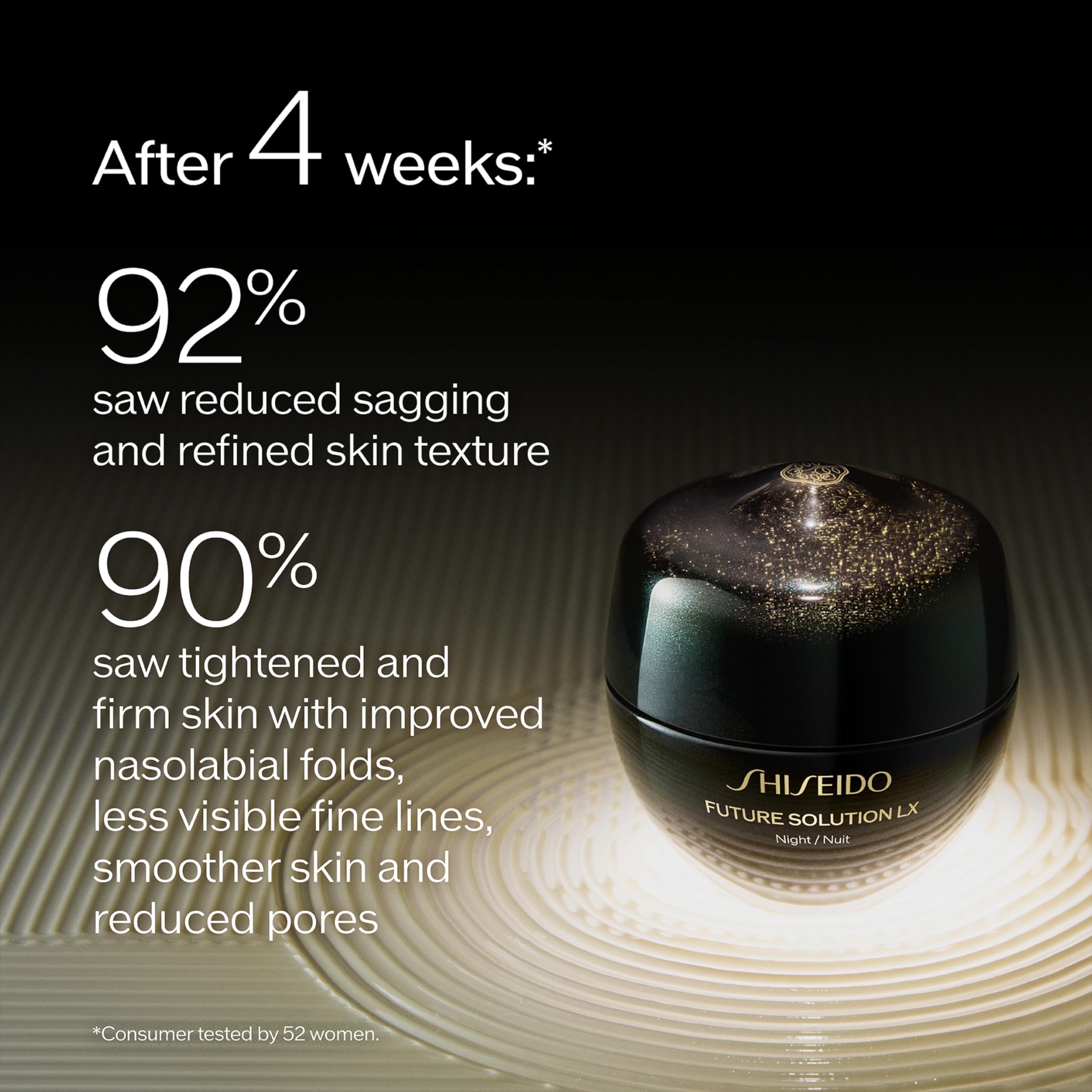 Application visage-nuit de la crème Future Solution LX, absorption intuitive et soin ciblé.