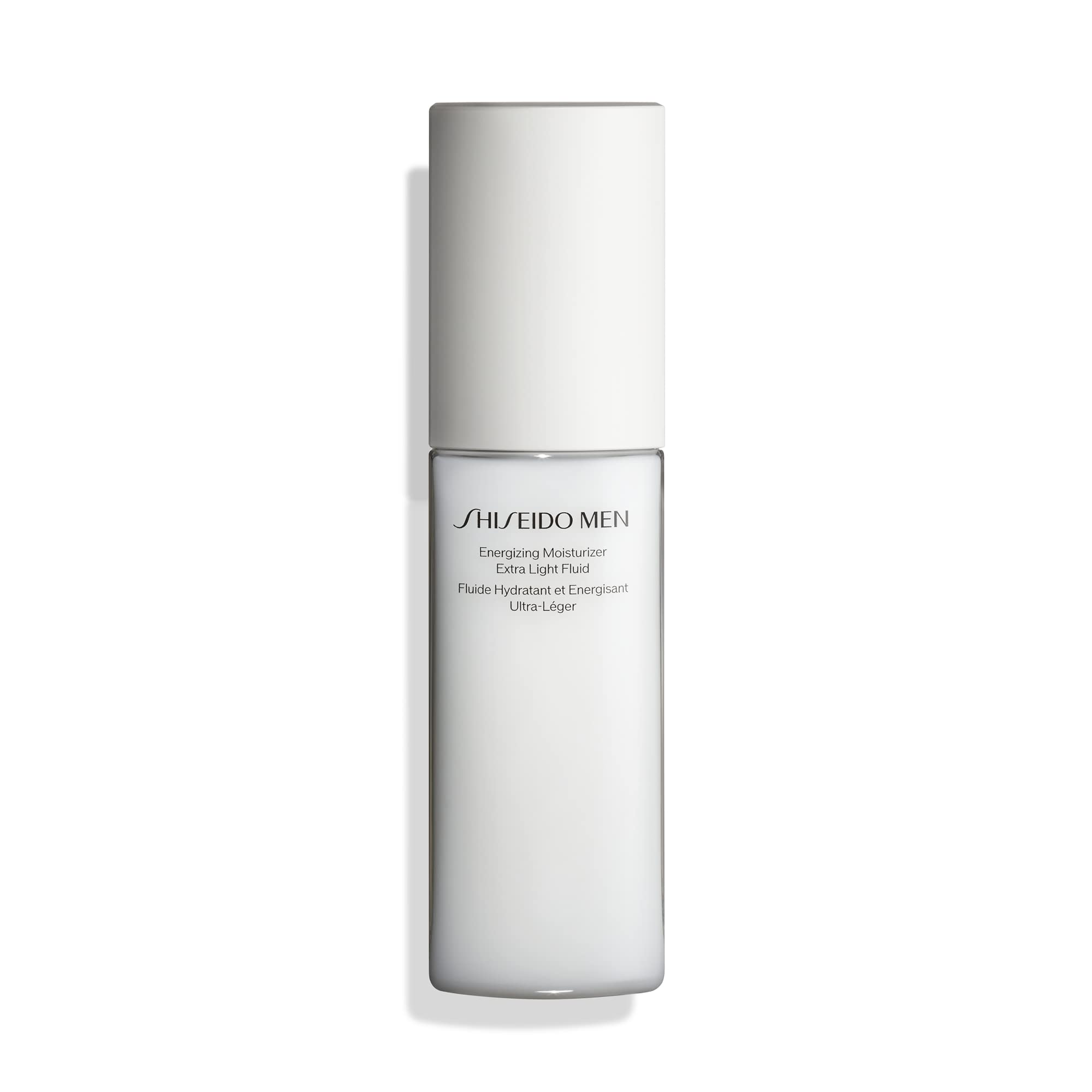 Hydratant énergisant pour homme, flacon pompe Shiseido et hydratation efficace.