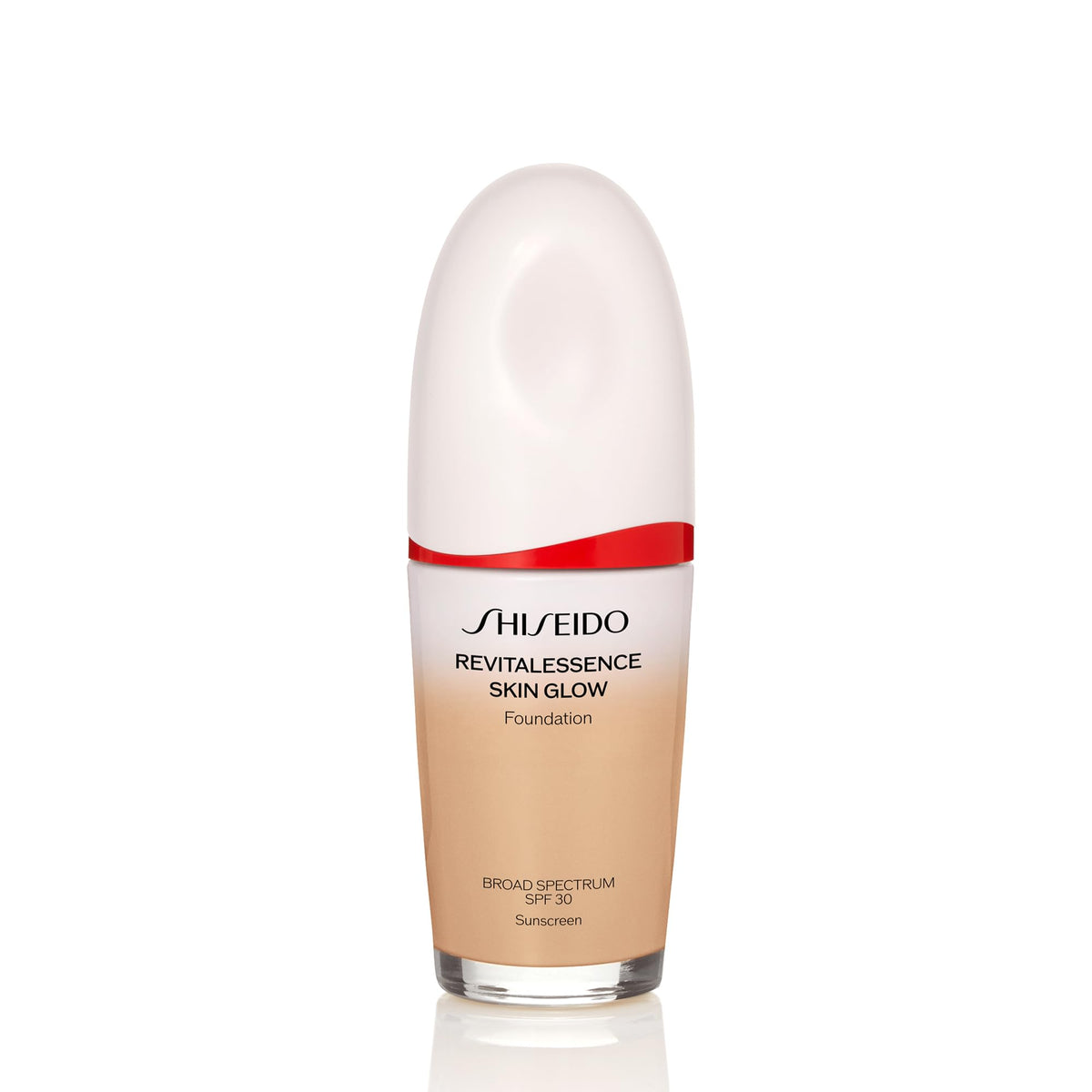 Shiseido RevitalEssence Skin Glow Foundation – bouteille élégante, hydratation durable et fini lumineux.