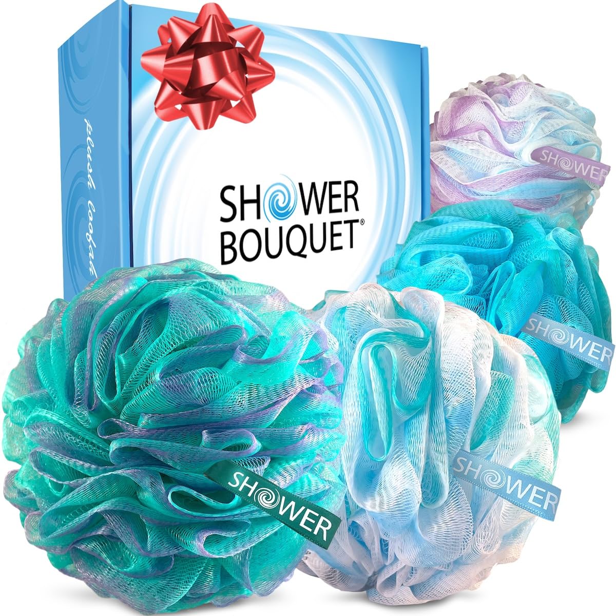 Shower Bouquet éponge luffa xl swirl multicolore pour exfolier visage et corps.