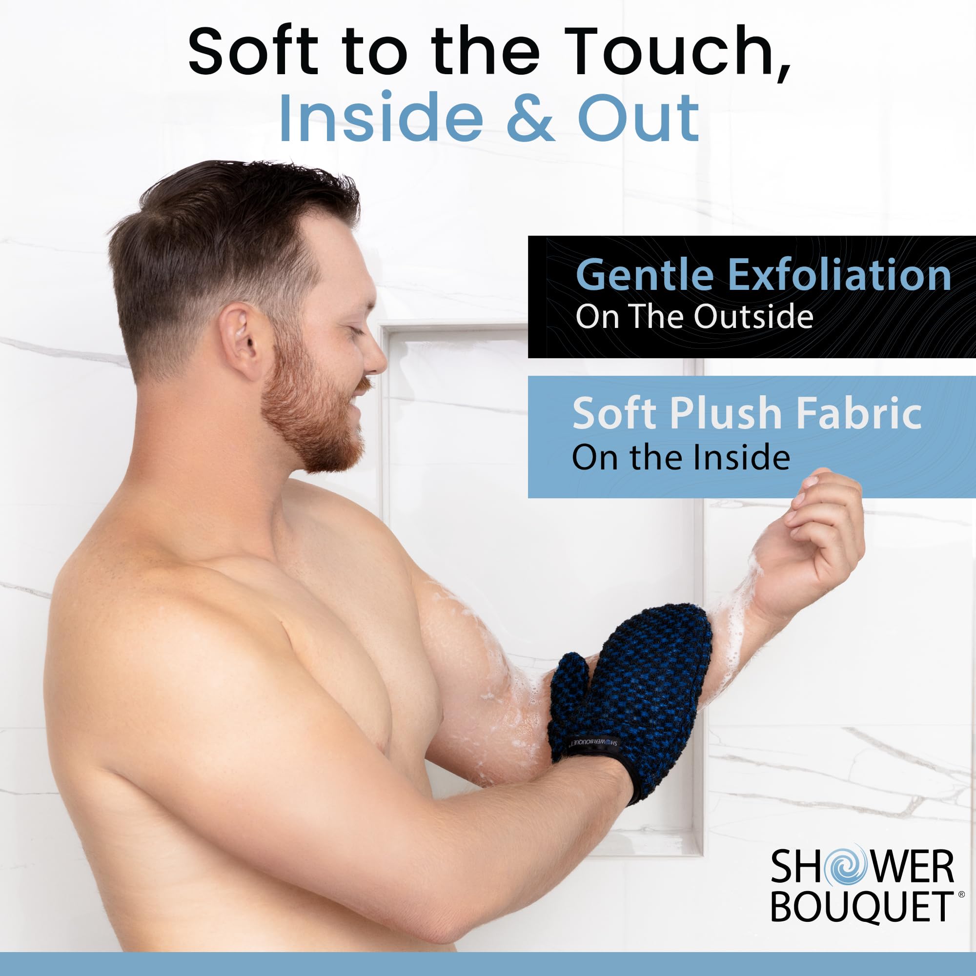 Shower Bouquet: gant exfoliant avec pouce ergonomique, accès ciblé.
