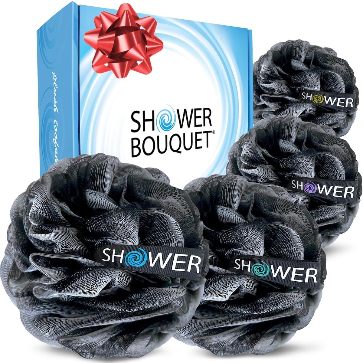 Shower Bouquet loufa-charbon 75g ensemble 4-pack : exfoliation douce quotidienne.