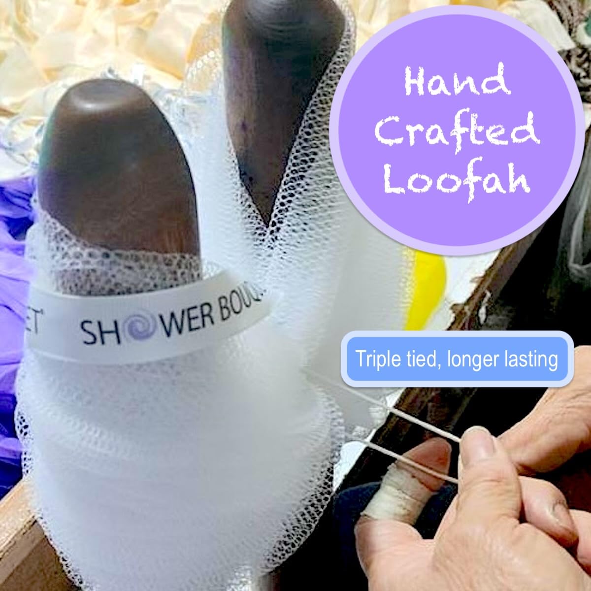 Shower Bouquet loufa-charbon 75g avec ruban: séchage pratique.